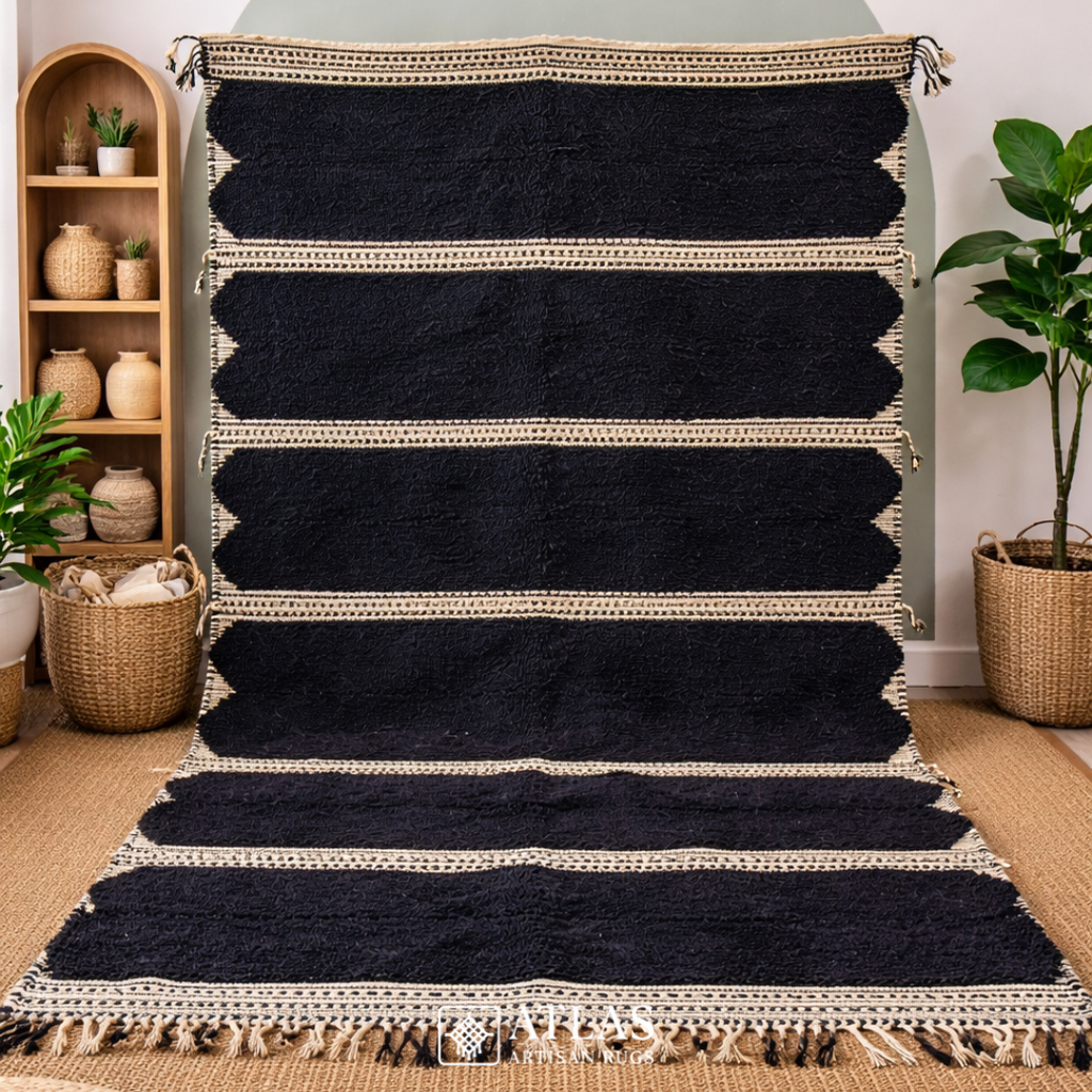 Handwoven Moroccan Black Geometric Rug | Neutral Berber Wool Area Rug | Modern Boho Handmade Rug