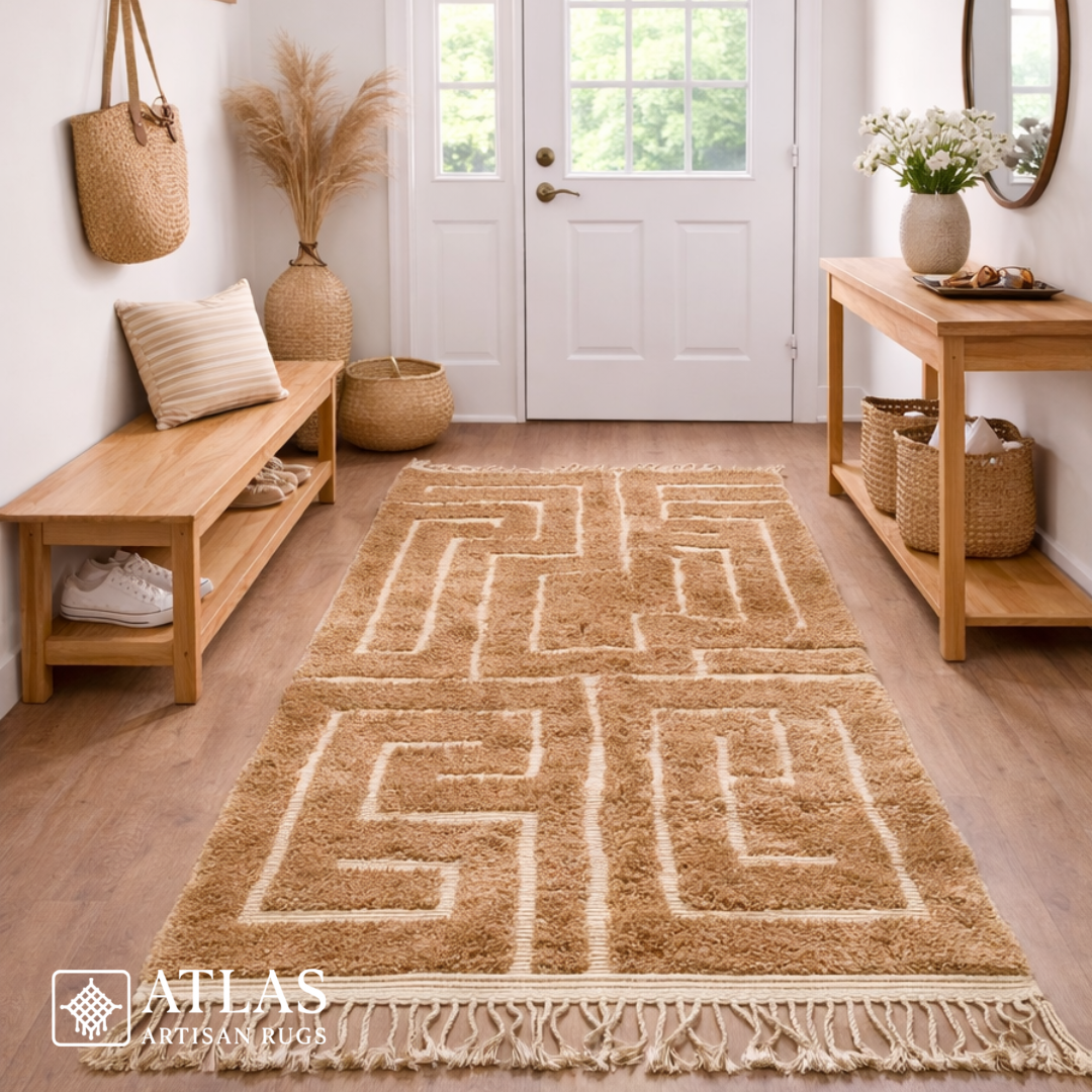 Handwoven Moroccan Warm Beige Geometric Rug | Neutral Berber Wool Area Rug | Modern Boho Handmade Rug