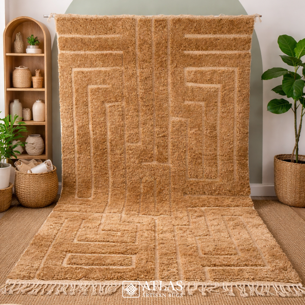 Handwoven Moroccan Warm Beige Geometric Rug | Neutral Berber Wool Area Rug | Modern Boho Handmade Rug