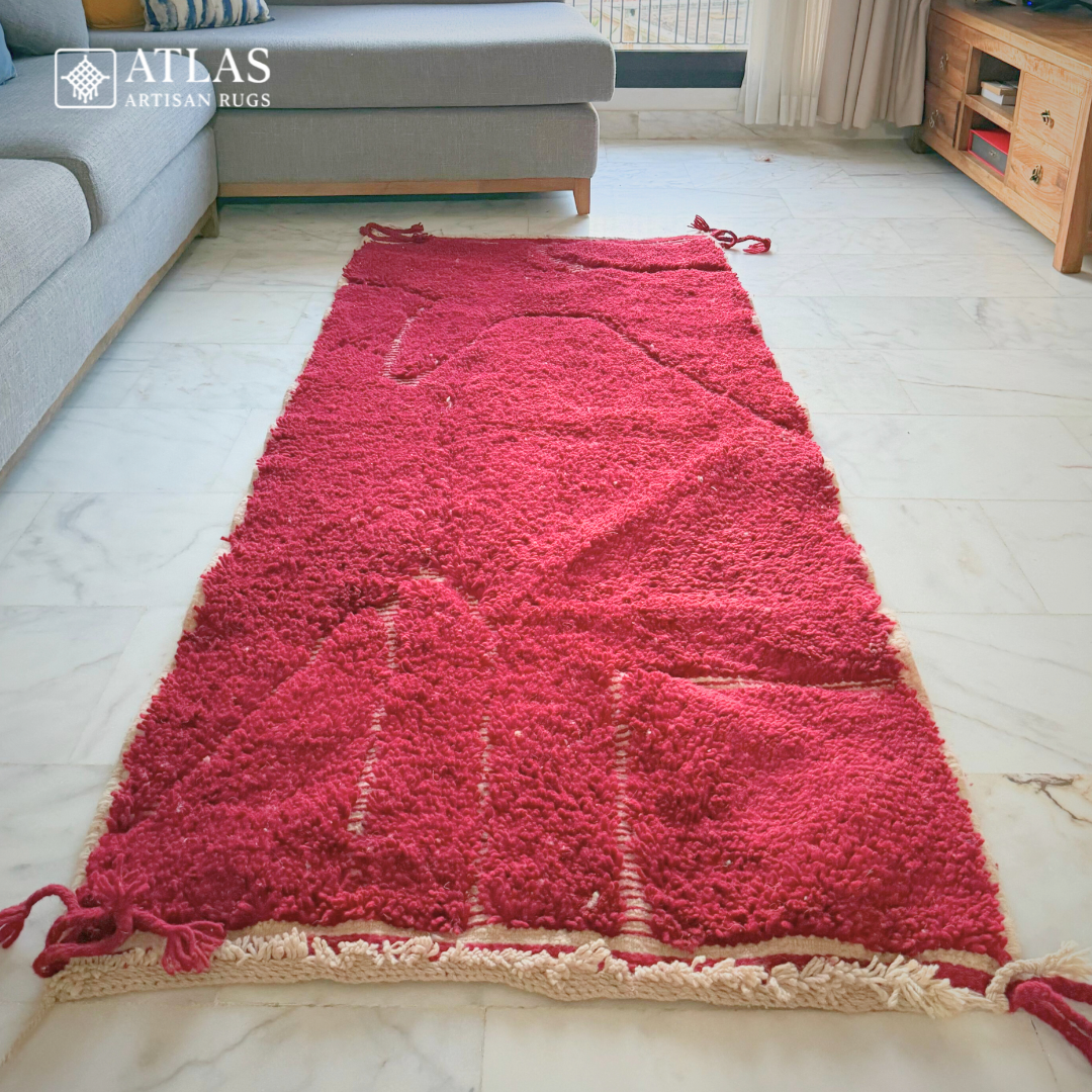 Handmade Red Moroccan Rug | Modern Textured Wool Carpet | Berber Abstract Area Rug | Unique Handwoven Home Decor