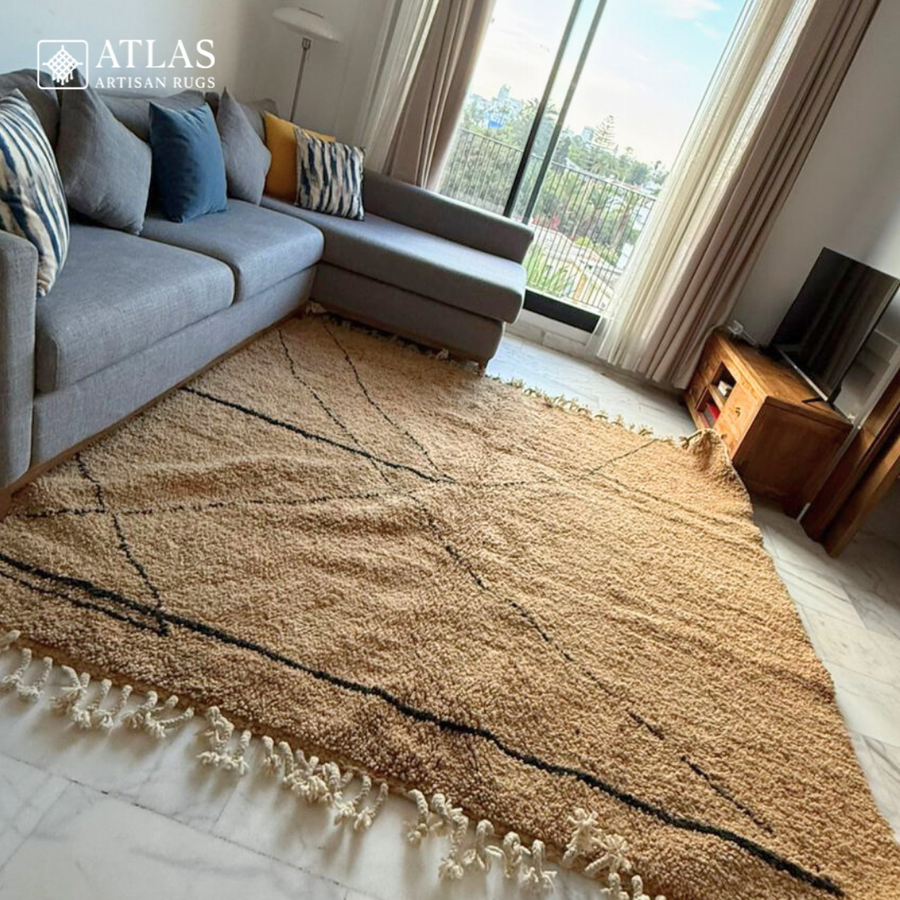 Handmade Caramel Beige Moroccan Rug | Modern Textured Wool Carpet | Berber Abstract Area Rug | Unique Handwoven Home Decor