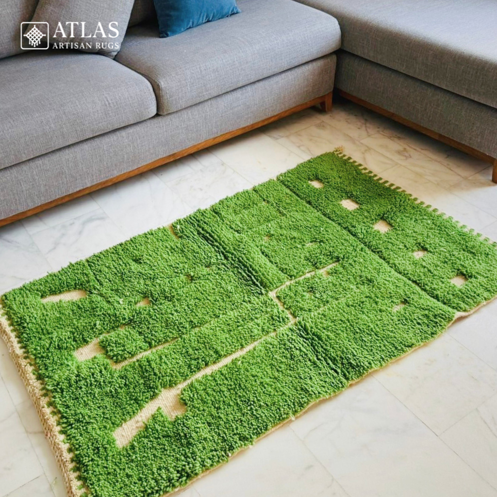 Handwoven Moroccan Wool Rug – Green And Natural Wool Beige Geometric Design | Atlas Artisan Rugs