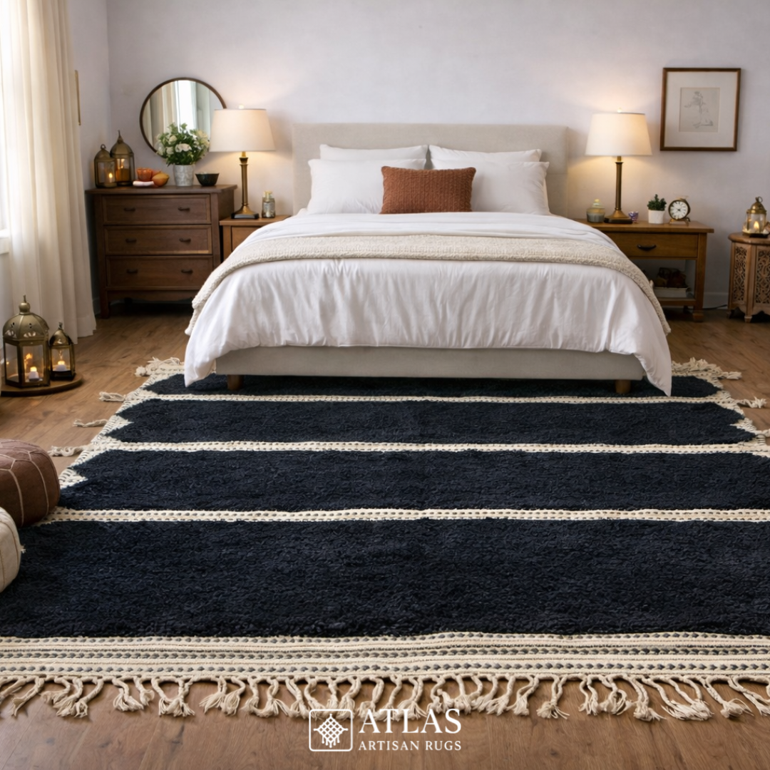 Handwoven Moroccan Black Geometric Rug | Neutral Berber Wool Area Rug | Modern Boho Handmade Rug