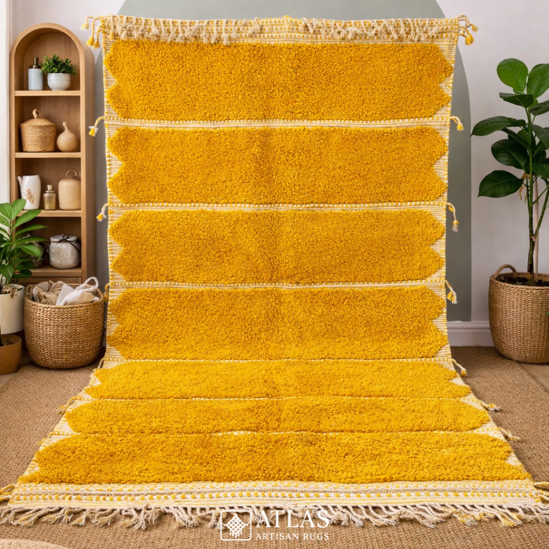Handwoven Moroccan Yellow Geometric Rug | Neutral Berber Wool Area Rug | Modern Boho Handmade Rug