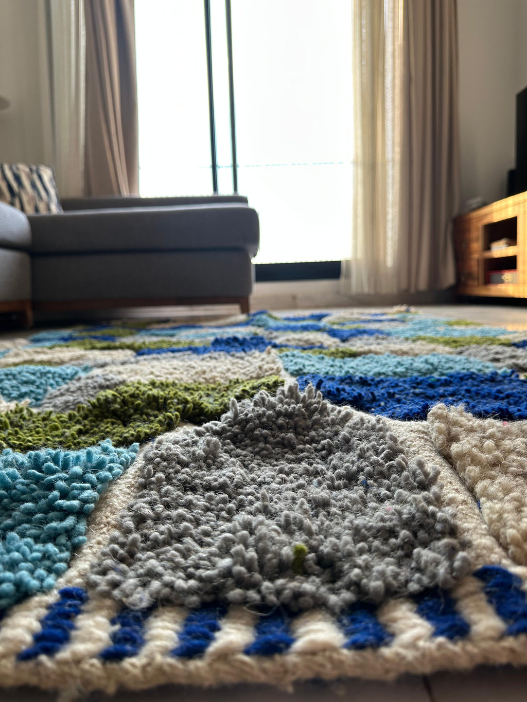 Handwoven Moroccan Wool Rug – Blue & Green Geometric Pattern | Atlas Artisan Rugs