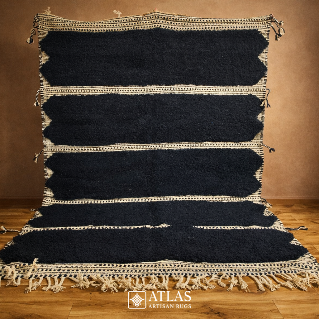 Handwoven Moroccan Black Geometric Rug | Neutral Berber Wool Area Rug | Modern Boho Handmade Rug