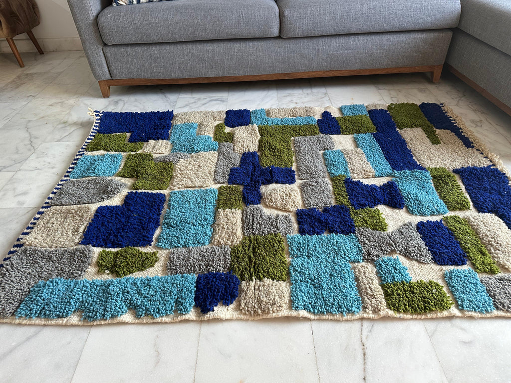 Handwoven Moroccan Wool Rug – Royal Blue And Olive Green Geometric Modern Block Pattern | Atlas Artisan Rugs