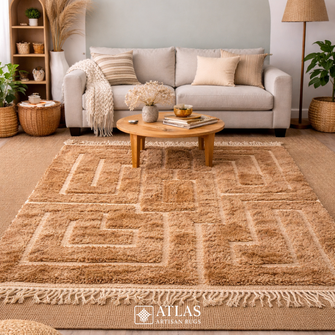 Handwoven Moroccan Warm Beige Geometric Rug | Neutral Berber Wool Area Rug | Modern Boho Handmade Rug