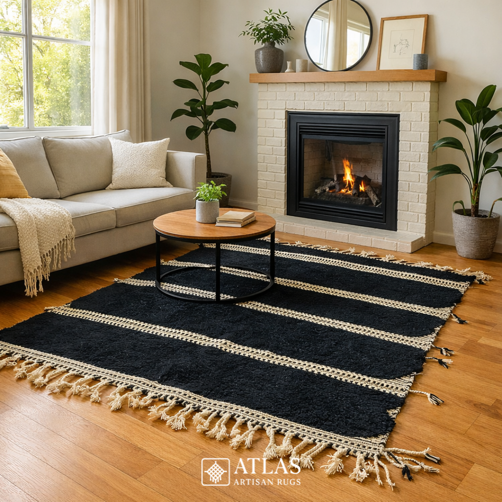 Handwoven Moroccan Black Geometric Rug | Neutral Berber Wool Area Rug | Modern Boho Handmade Rug