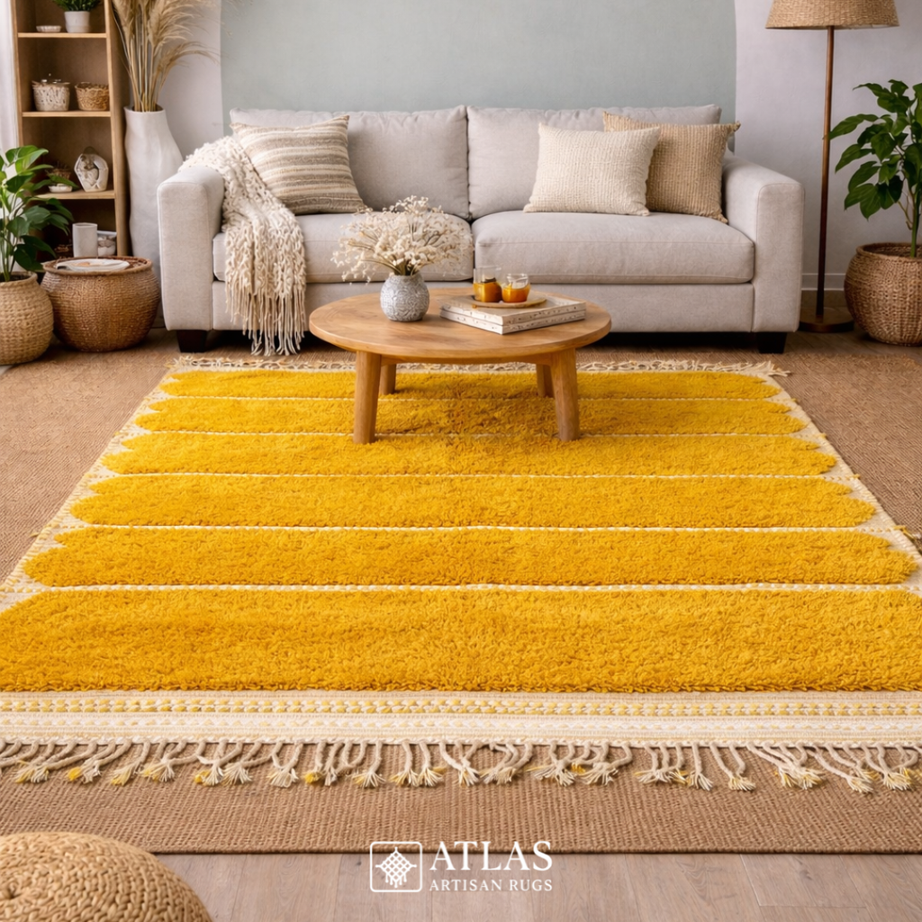 Handwoven Moroccan Yellow Geometric Rug | Neutral Berber Wool Area Rug | Modern Boho Handmade Rug