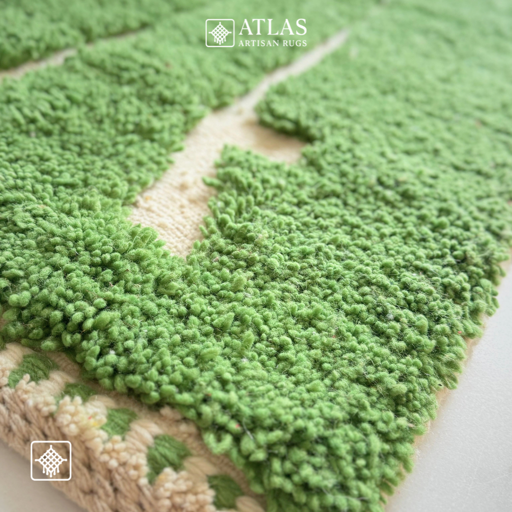 Handwoven Moroccan Wool Rug – Green And Natural Wool Beige Geometric Design | Atlas Artisan Rugs