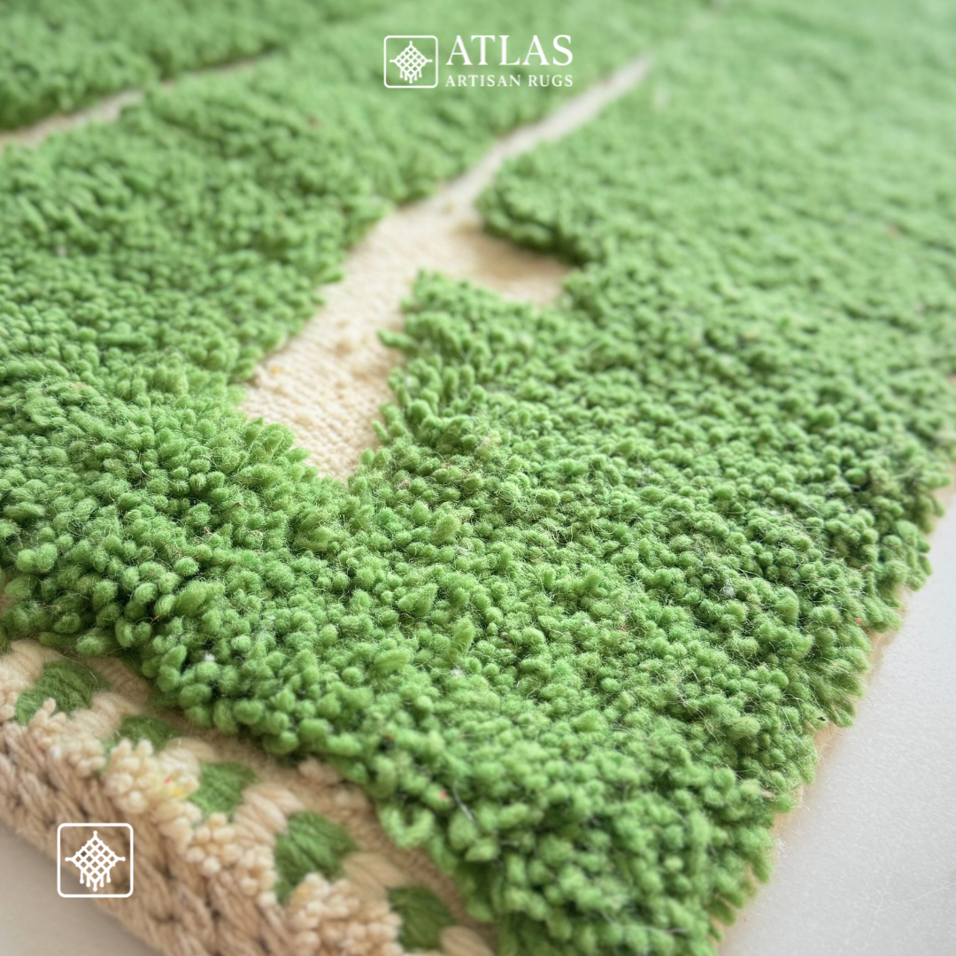 Handwoven Moroccan Wool Rug – Green And Natural Wool Beige Geometric Design | Atlas Artisan Rugs