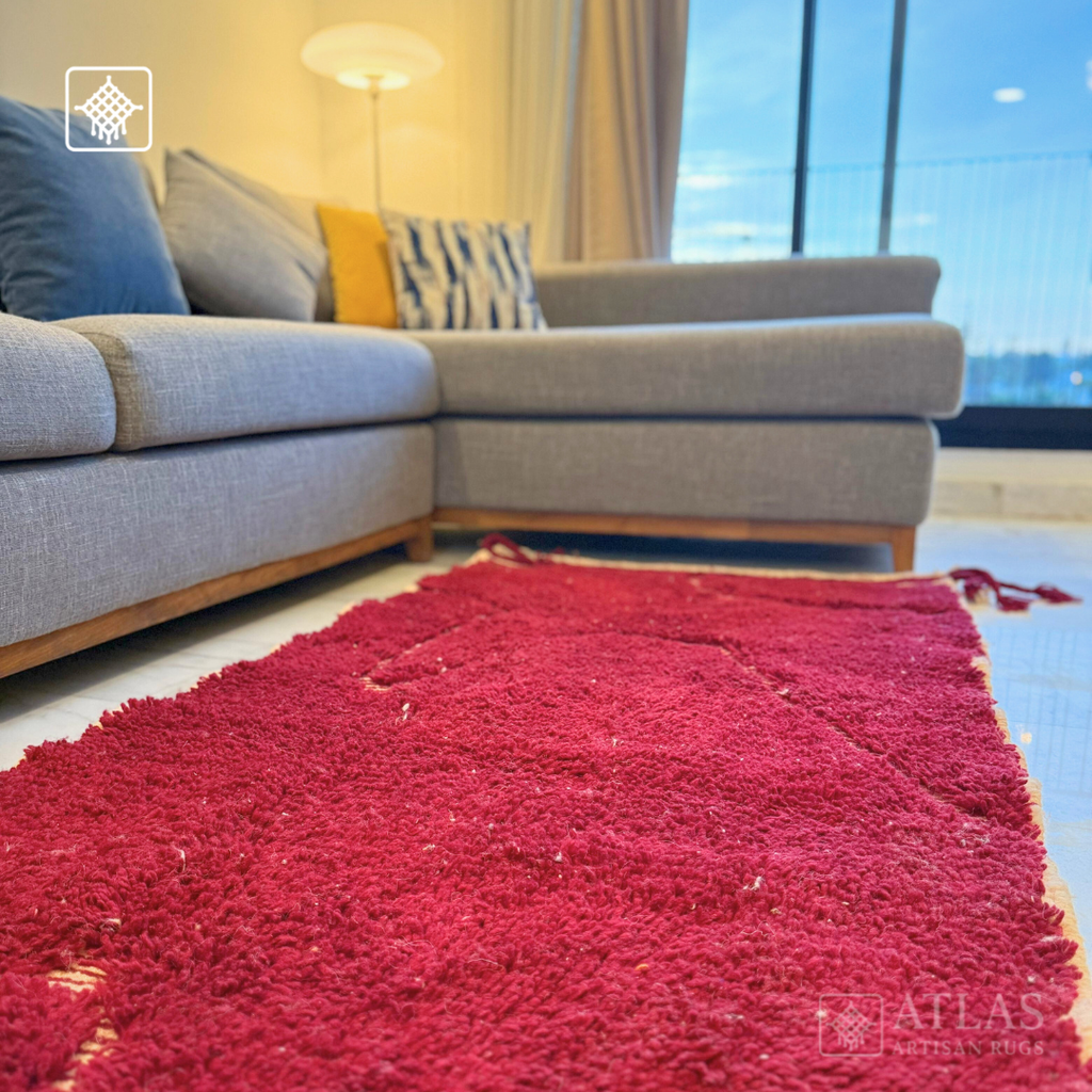 Handmade Red Moroccan Rug | Modern Textured Wool Carpet | Berber Abstract Area Rug | Unique Handwoven Home Decor