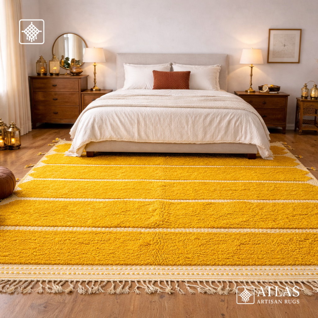 Handwoven Moroccan Yellow Geometric Rug | Neutral Berber Wool Area Rug | Modern Boho Handmade Rug