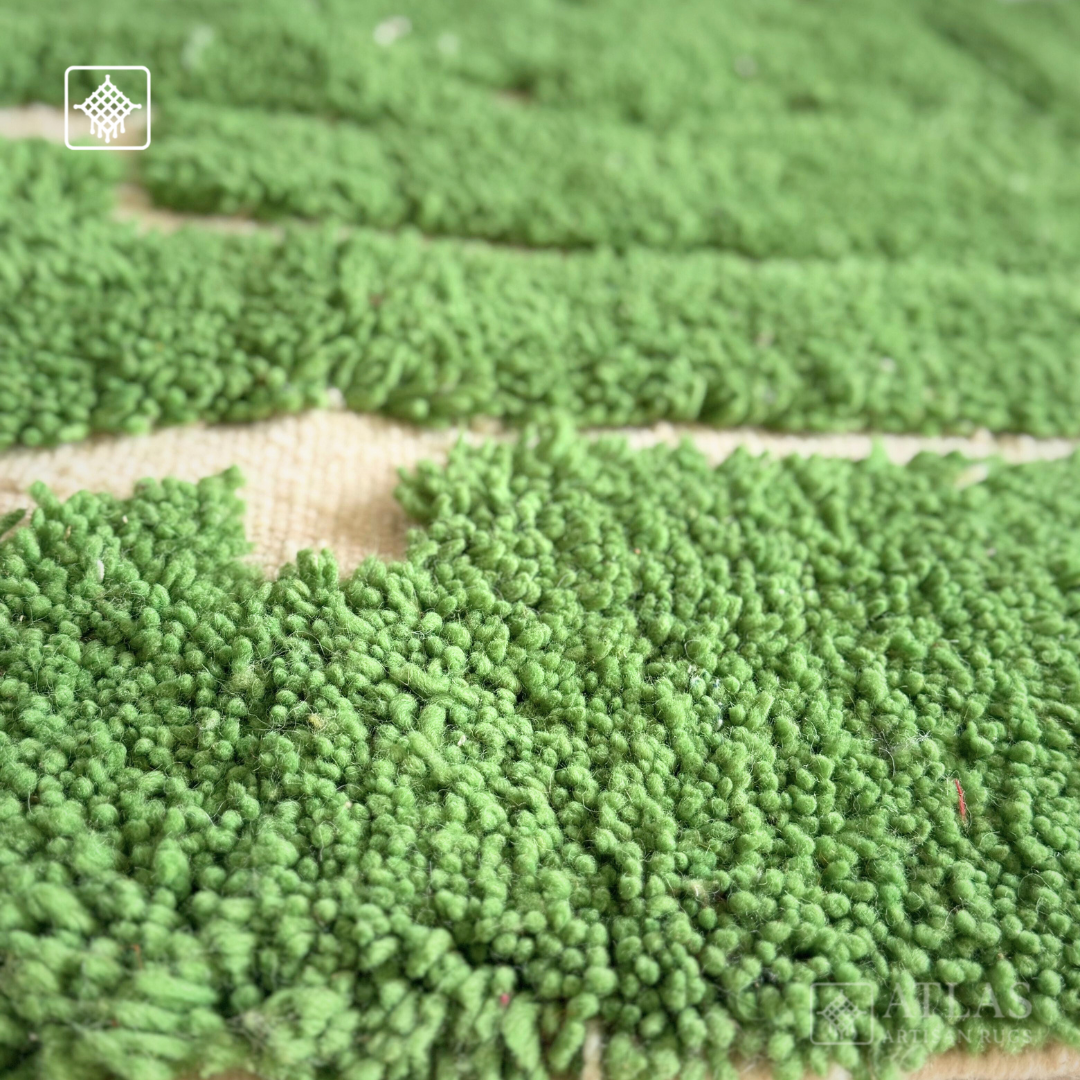 Handwoven Moroccan Wool Rug – Green And Natural Wool Beige Geometric Design | Atlas Artisan Rugs