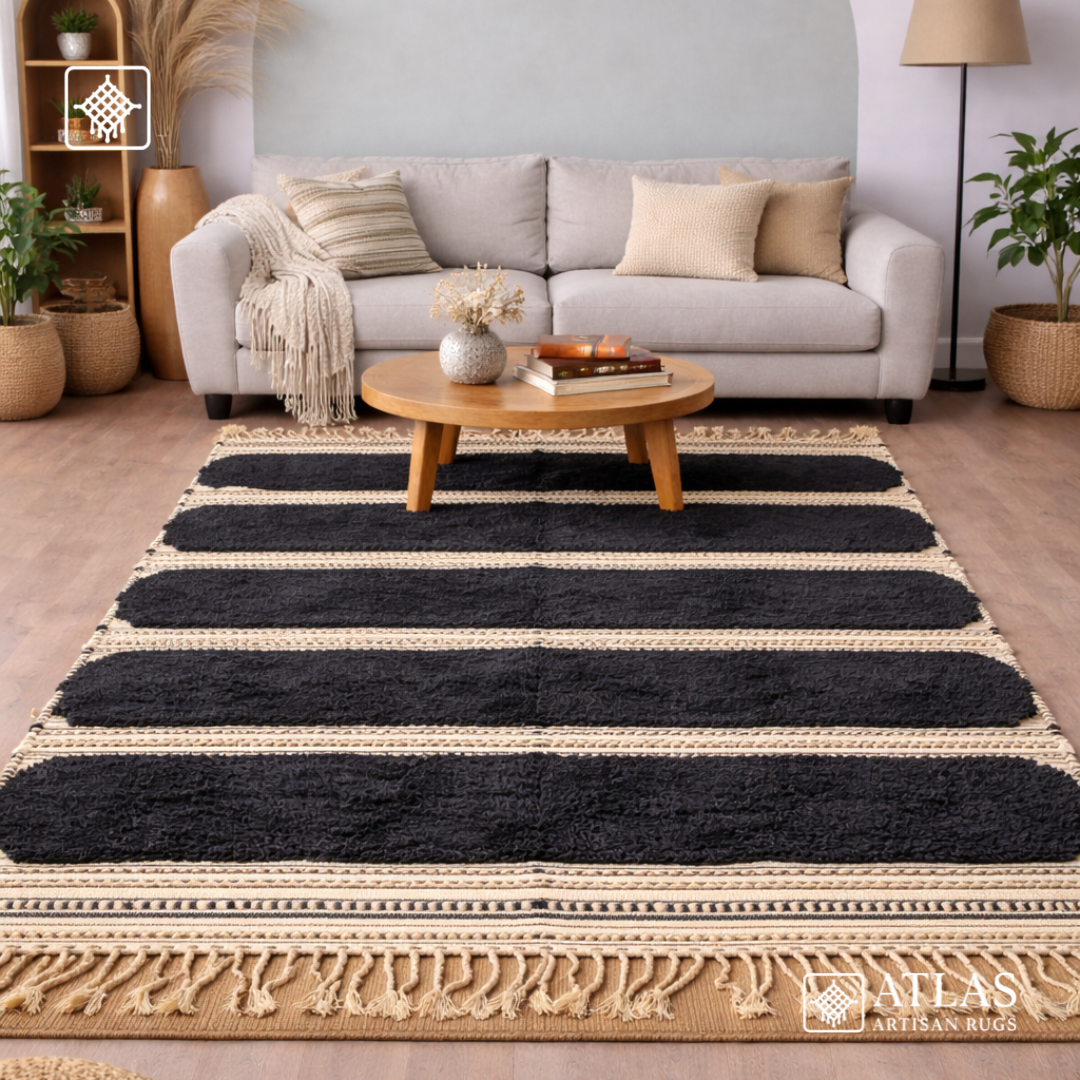 Handwoven Moroccan Black Geometric Rug | Neutral Berber Wool Area Rug | Modern Boho Handmade Rug
