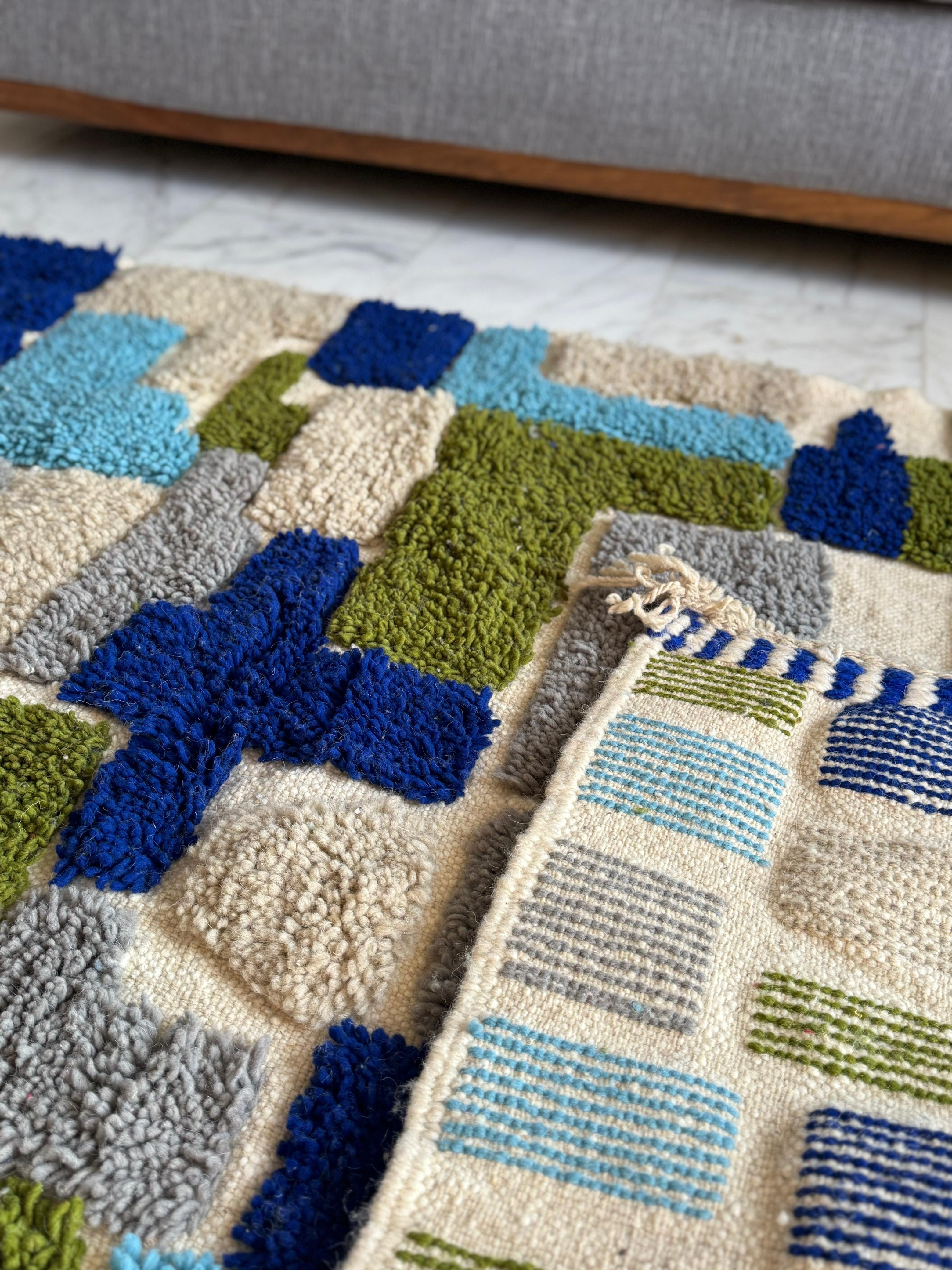 Handwoven Moroccan Wool Rug – Blue & Green Geometric Pattern | Atlas Artisan Rugs