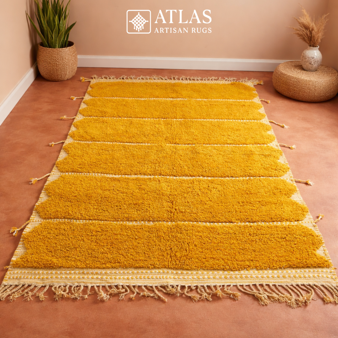 Handwoven Moroccan Yellow Geometric Rug | Neutral Berber Wool Area Rug | Modern Boho Handmade Rug