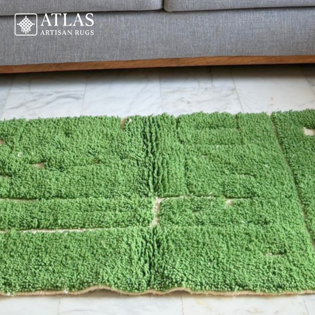 Handwoven Moroccan Wool Rug – Green And Natural Wool Beige Geometric Design | Atlas Artisan Rugs