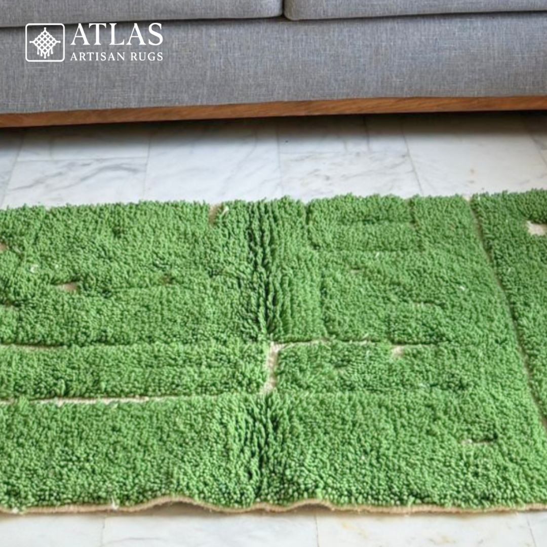 Handwoven Moroccan Wool Rug – Green And Natural Wool Beige Geometric Design | Atlas Artisan Rugs