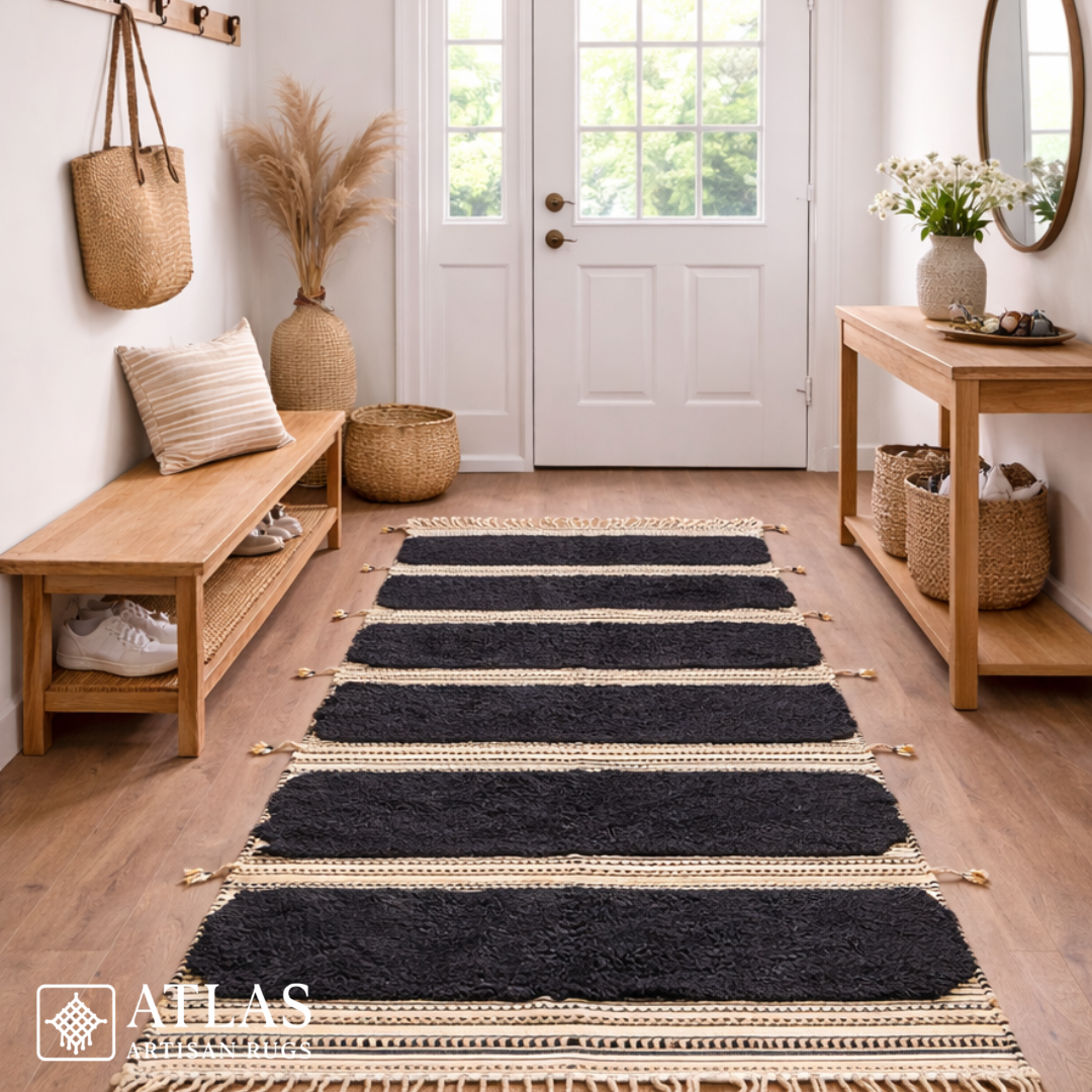 Handwoven Moroccan Black Geometric Rug | Neutral Berber Wool Area Rug | Modern Boho Handmade Rug