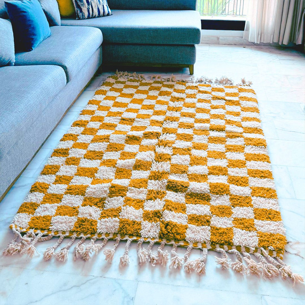 Handmade Mustard Moroccan Rug | Modern Textured Wool Carpet | Berber Abstract Area Rug | Unique Handwoven Home Decor