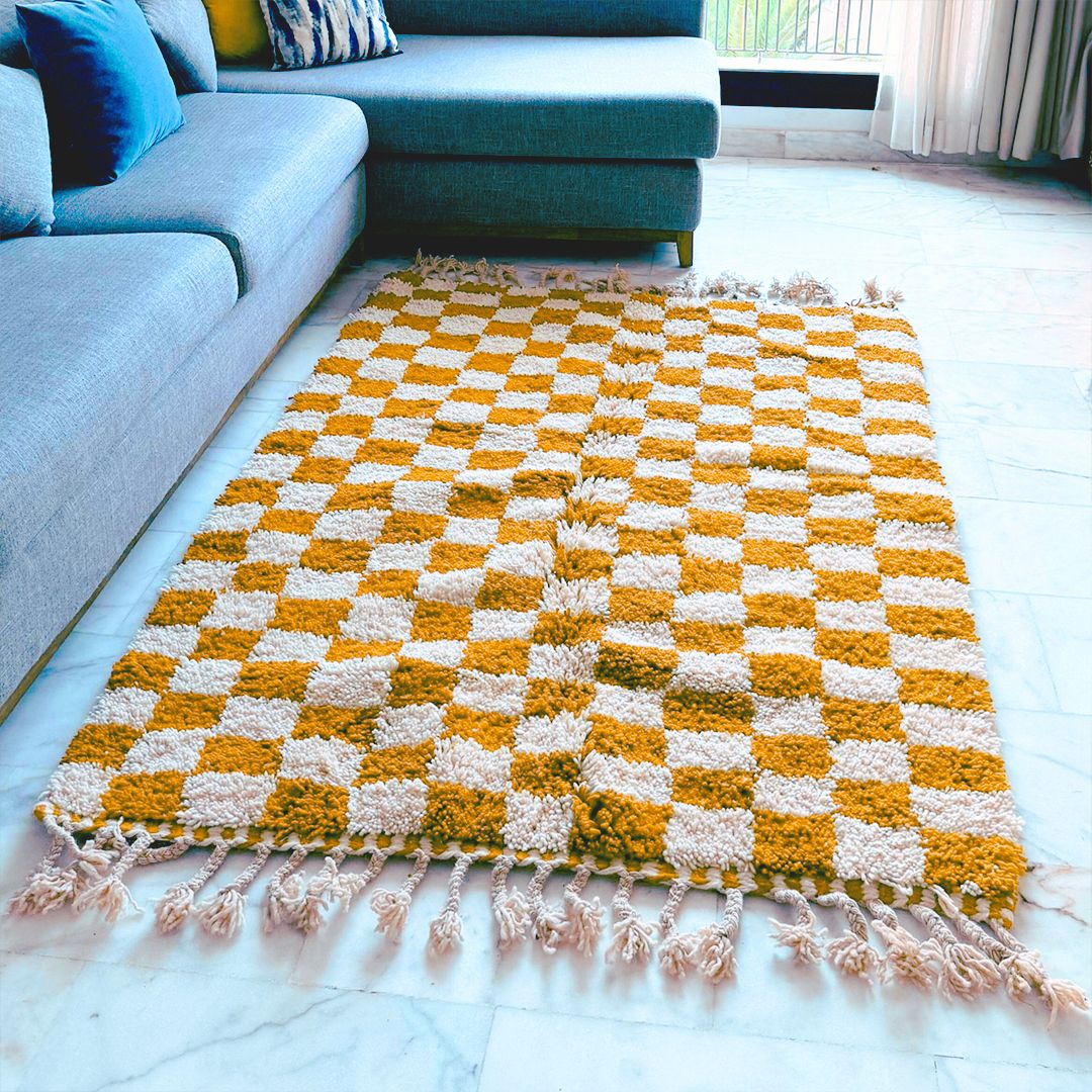 Handmade Mustard Moroccan Rug | Modern Textured Wool Carpet | Berber Abstract Area Rug | Unique Handwoven Home Decor