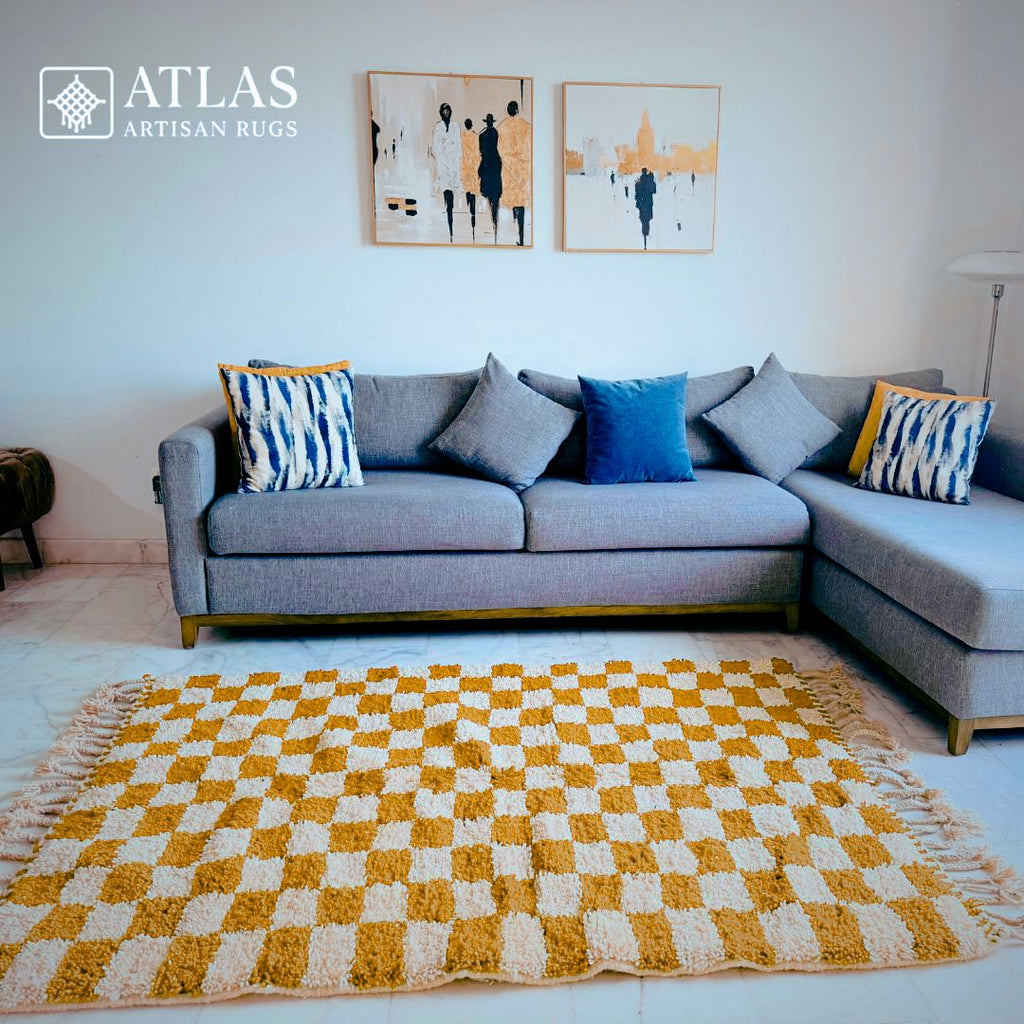 Handmade Mustard Moroccan Rug | Modern Textured Wool Carpet | Berber Abstract Area Rug | Unique Handwoven Home Decor