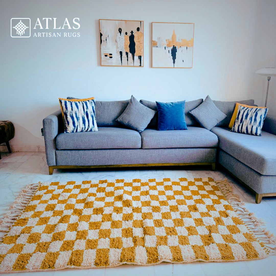 Handmade Mustard Moroccan Rug | Modern Textured Wool Carpet | Berber Abstract Area Rug | Unique Handwoven Home Decor