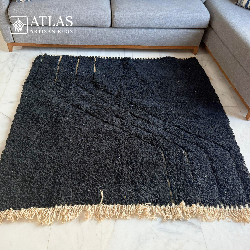 Handmade Black And Beige Moroccan Rug | Modern Textured Wool Carpet | Berber Abstract Area Rug | Unique Handwoven Home Decor