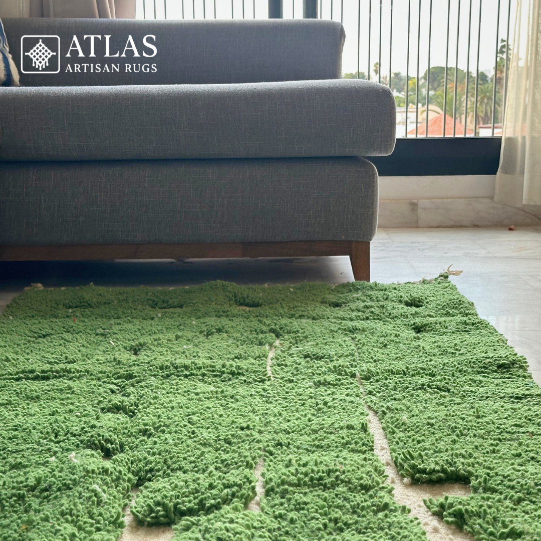 Handwoven Moroccan Wool Rug – Green And Natural Wool Beige Geometric Design | Atlas Artisan Rugs