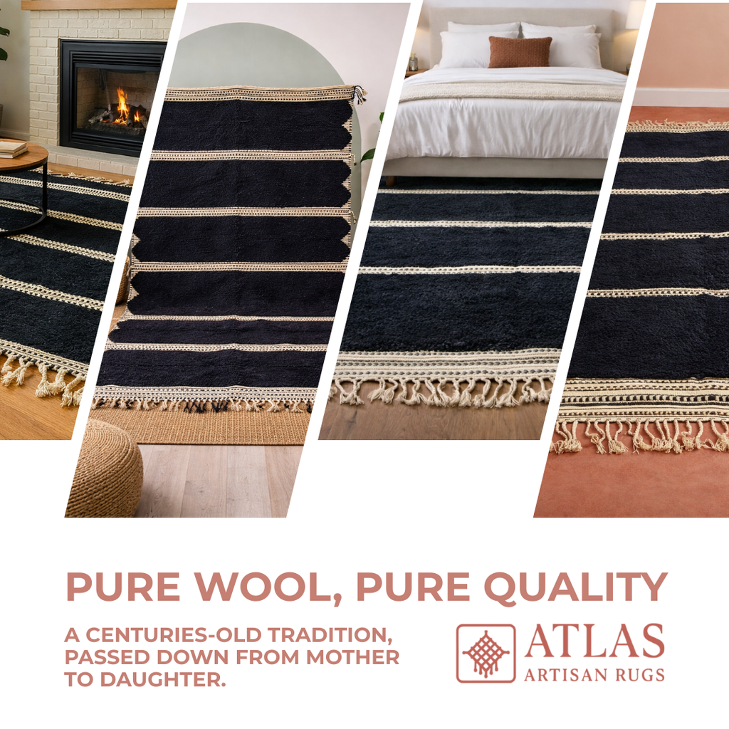 Handwoven Moroccan Black Geometric Rug | Neutral Berber Wool Area Rug | Modern Boho Handmade Rug