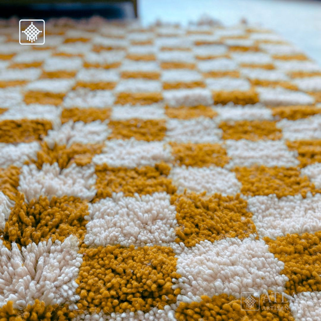 Handmade Mustard Moroccan Rug | Modern Textured Wool Carpet | Berber Abstract Area Rug | Unique Handwoven Home Decor