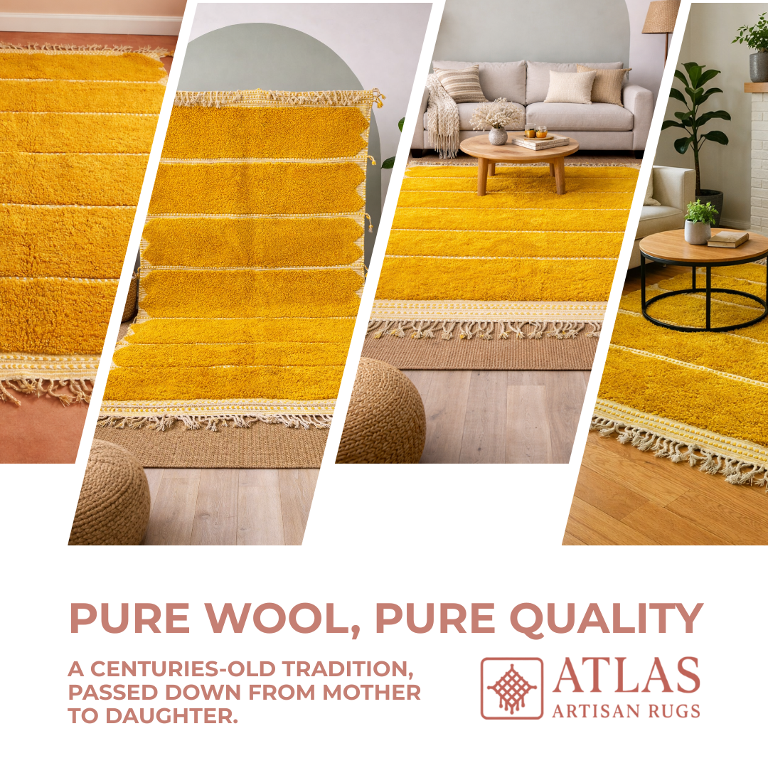 Handwoven Moroccan Yellow Geometric Rug | Neutral Berber Wool Area Rug | Modern Boho Handmade Rug