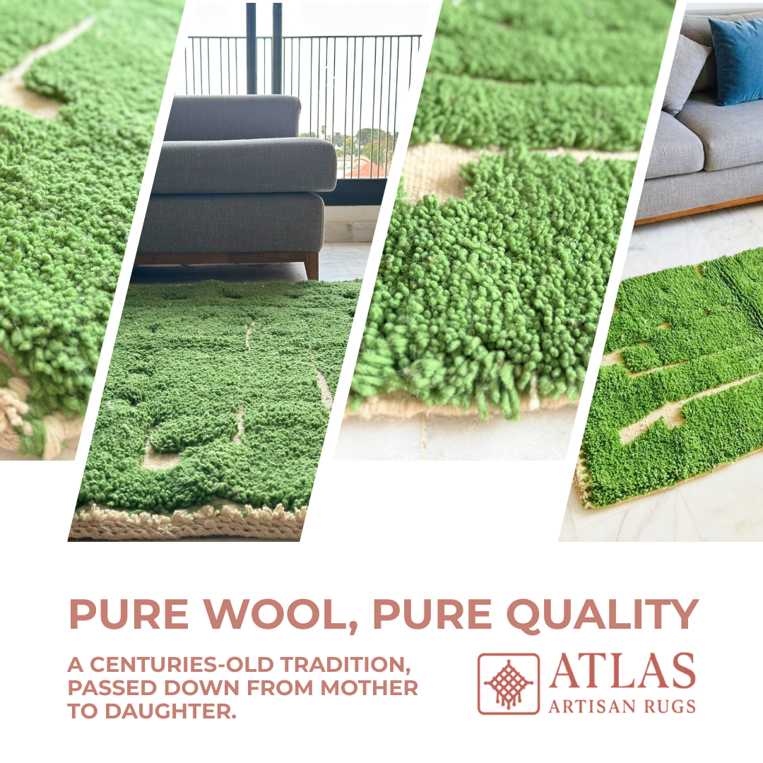 Handwoven Moroccan Wool Rug – Green And Natural Wool Beige Geometric Design | Atlas Artisan Rugs