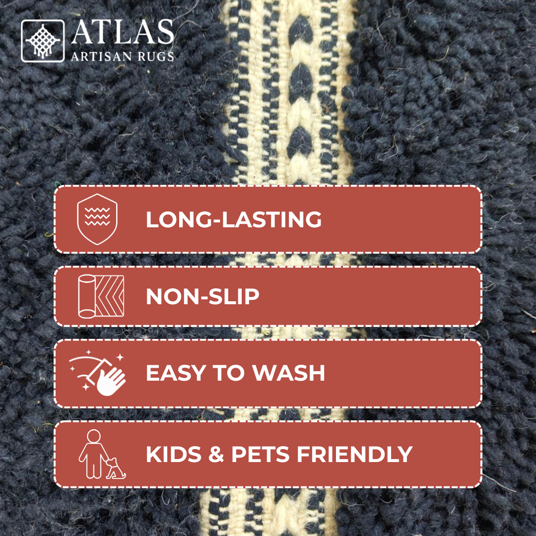 Handwoven Moroccan Black Geometric Rug | Neutral Berber Wool Area Rug | Modern Boho Handmade Rug