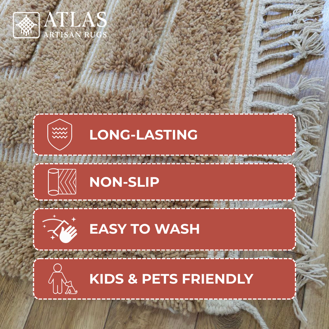 Handwoven Moroccan Warm Beige Geometric Rug | Neutral Berber Wool Area Rug | Modern Boho Handmade Rug