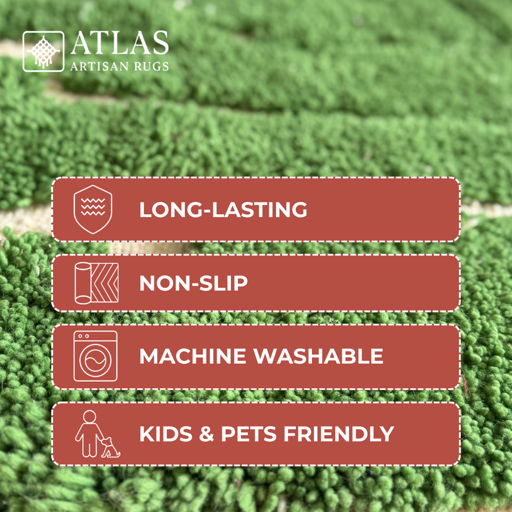 Handwoven Moroccan Wool Rug – Green And Natural Wool Beige Geometric Design | Atlas Artisan Rugs