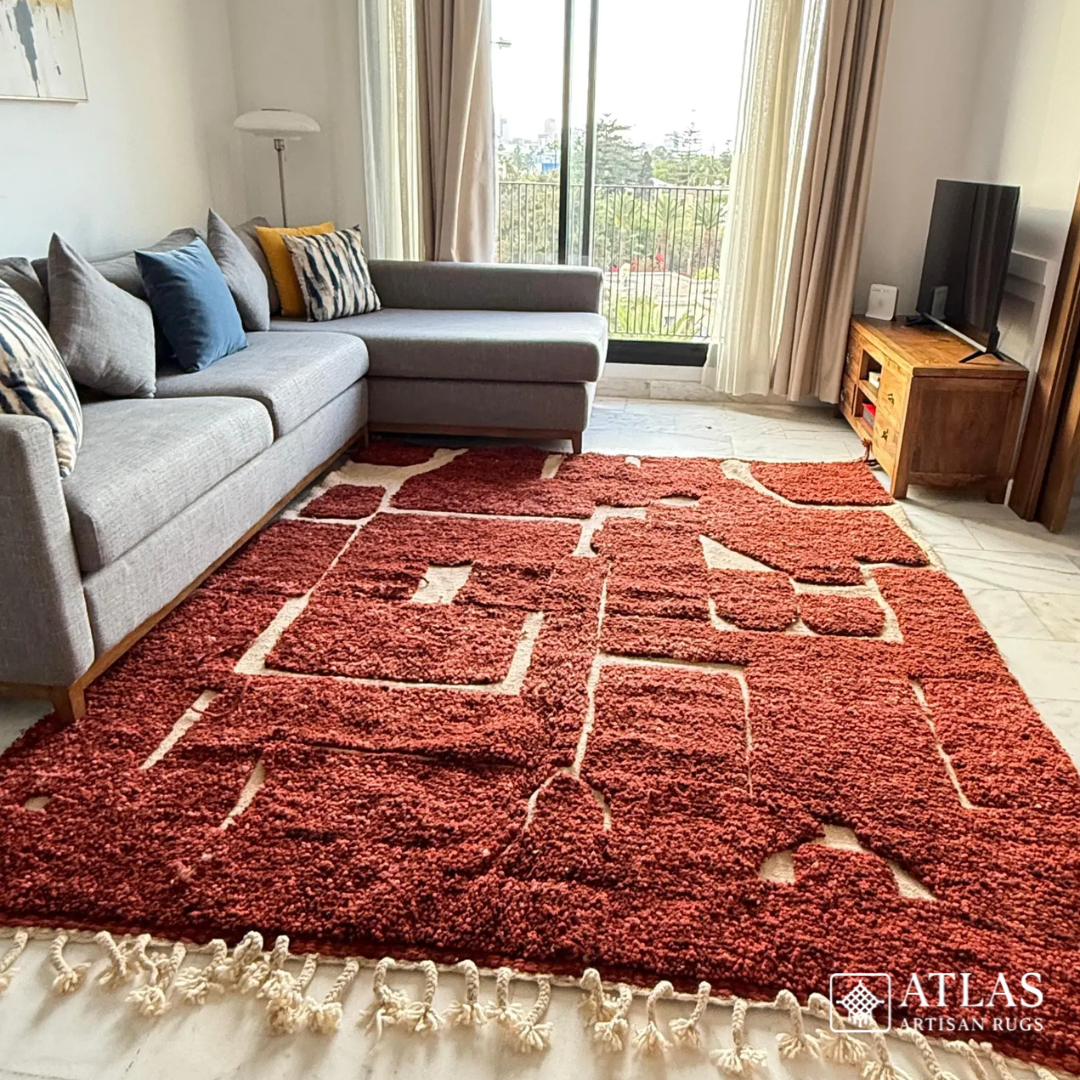 Beni Ourain Handwoven Moroccan Wool Rug – Red Geometric Design