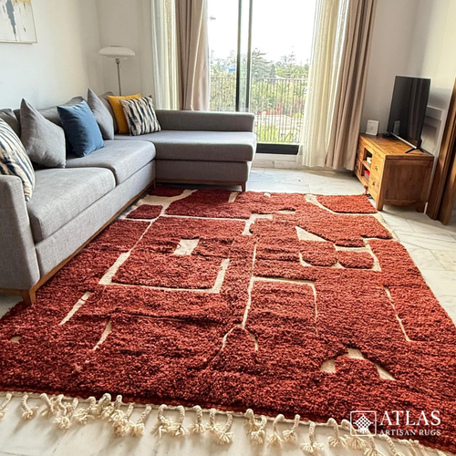 Beni Ourain Handwoven Moroccan Wool Rug – Red Geometric Design