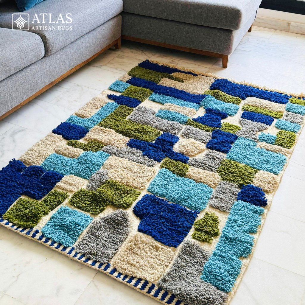 Handwoven Moroccan Wool Rug – Royal Blue And Olive Green Geometric Modern Block Pattern | Atlas Artisan Rugs