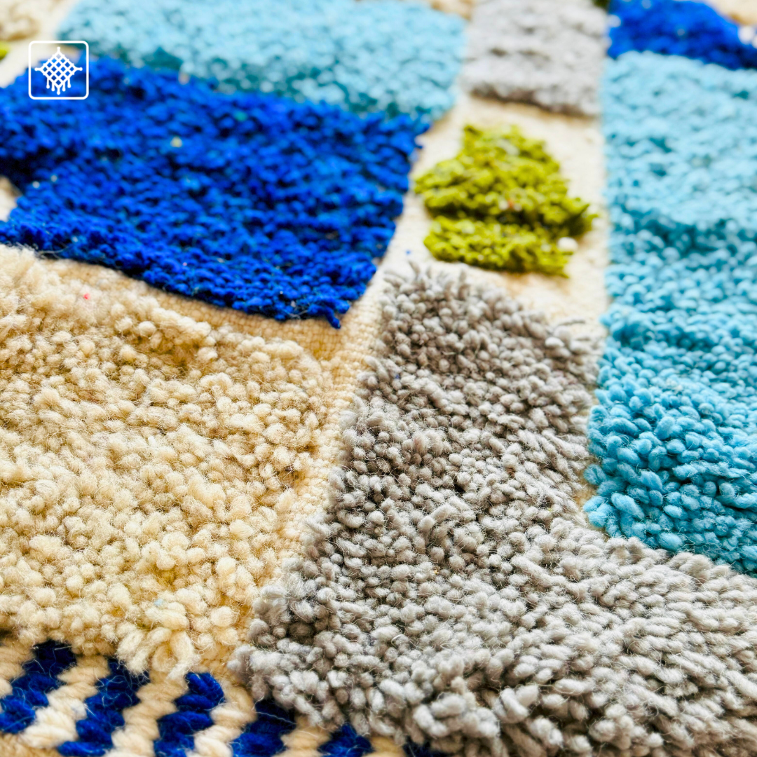 Handwoven Moroccan Wool Rug – Royal Blue And Olive Green Geometric Modern Block Pattern | Atlas Artisan Rugs