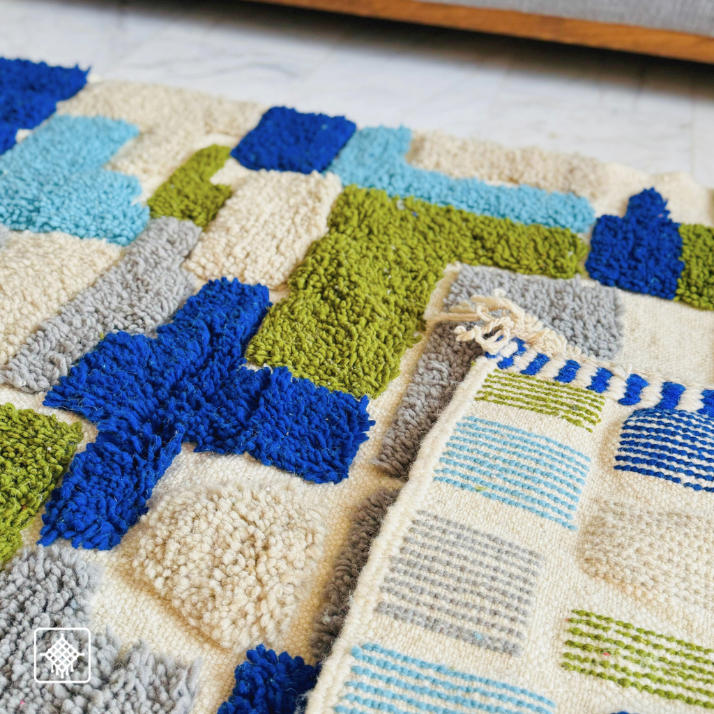 Handwoven Moroccan Wool Rug – Royal Blue And Olive Green Geometric Modern Block Pattern | Atlas Artisan Rugs