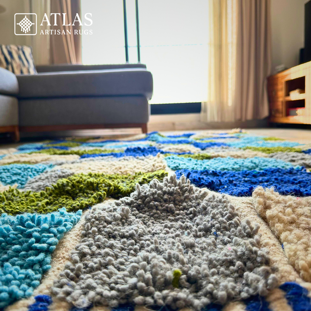 Handwoven Moroccan Wool Rug – Royal Blue And Olive Green Geometric Modern Block Pattern | Atlas Artisan Rugs