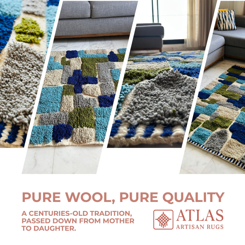 Handwoven Moroccan Wool Rug – Royal Blue And Olive Green Geometric Modern Block Pattern | Atlas Artisan Rugs