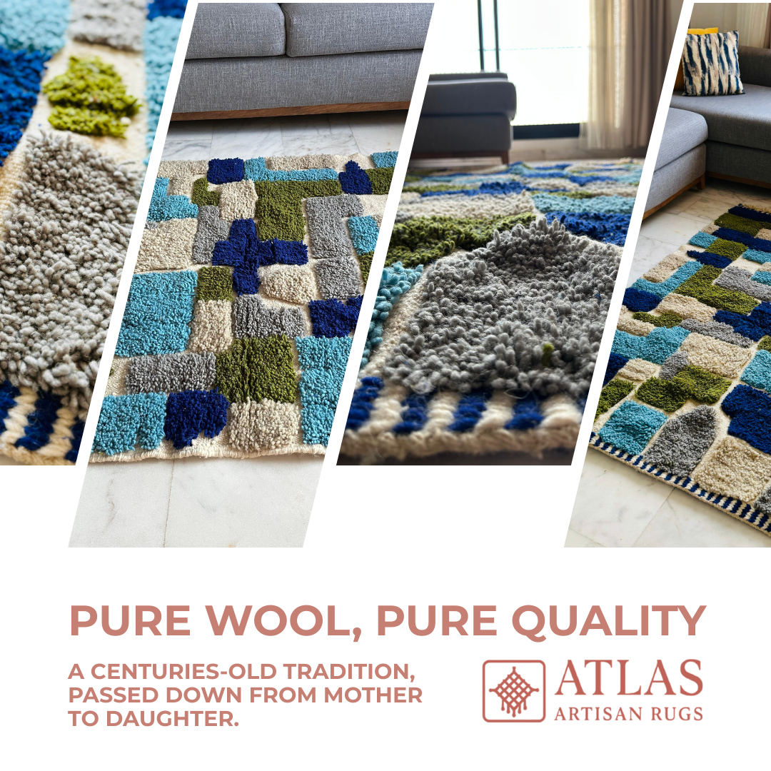 Handwoven Moroccan Wool Rug – Royal Blue And Olive Green Geometric Modern Block Pattern | Atlas Artisan Rugs