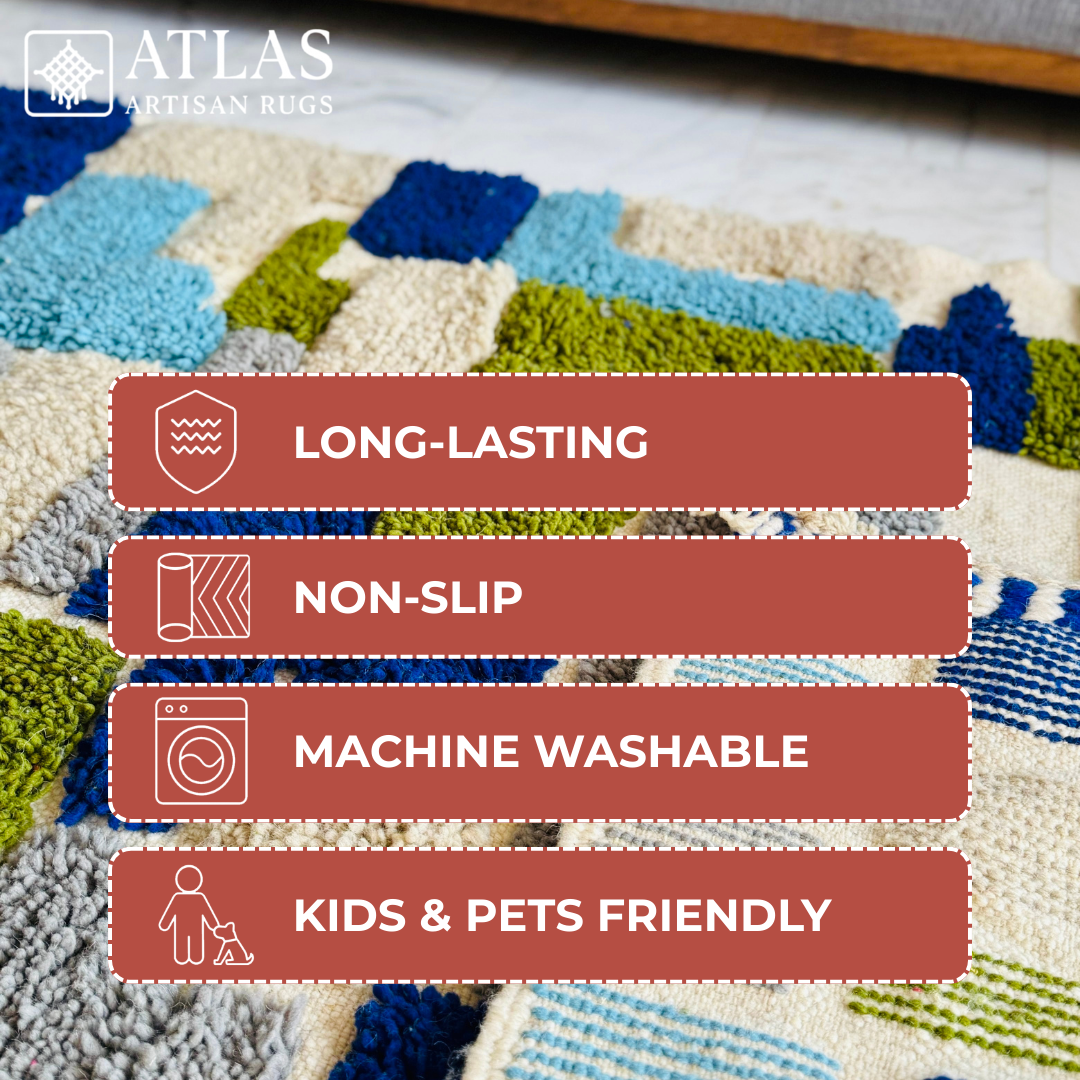 Handwoven Moroccan Wool Rug – Royal Blue And Olive Green Geometric Modern Block Pattern | Atlas Artisan Rugs