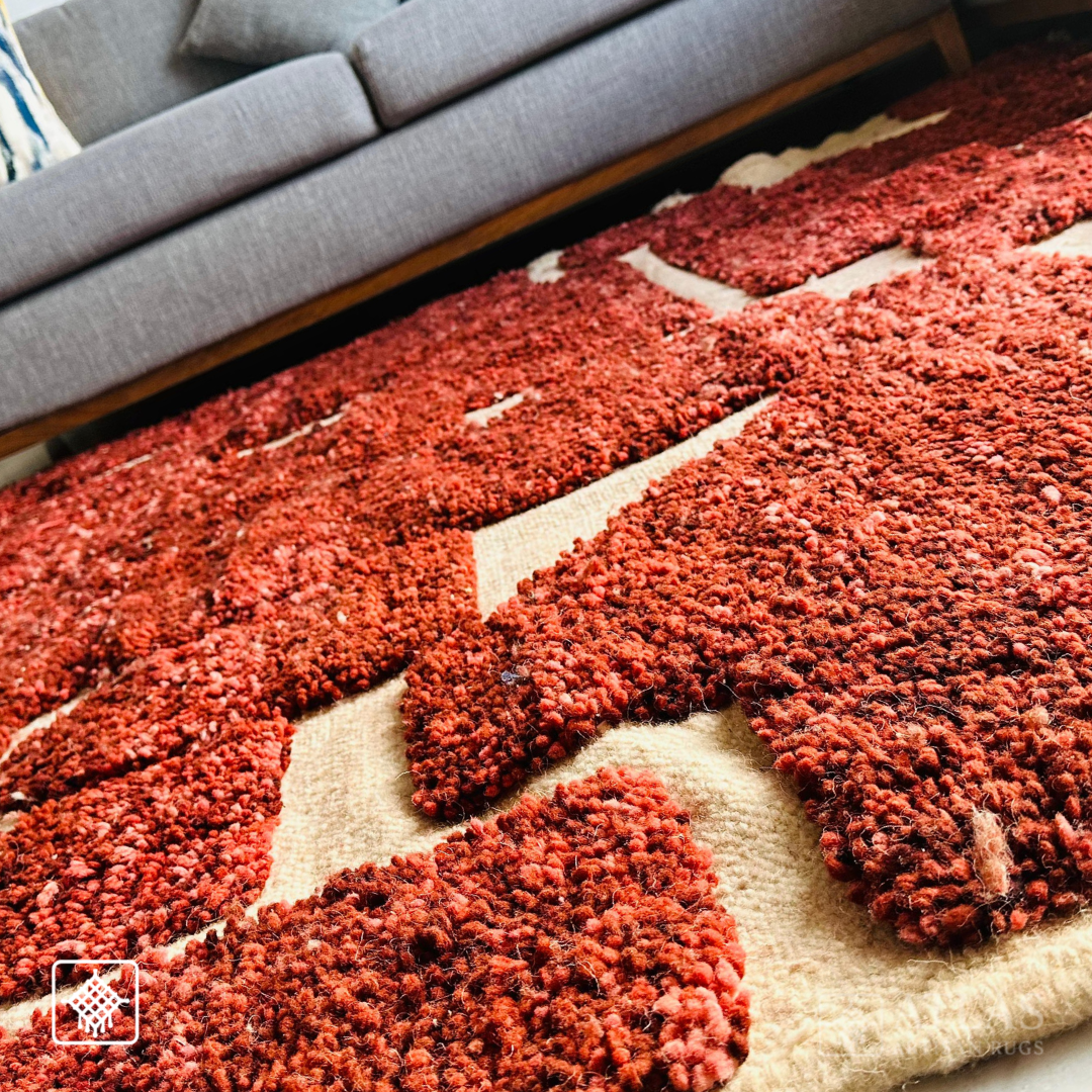 Beni Ourain Handwoven Moroccan Wool Rug – Red Geometric Design | Atlas Artisan Rugs