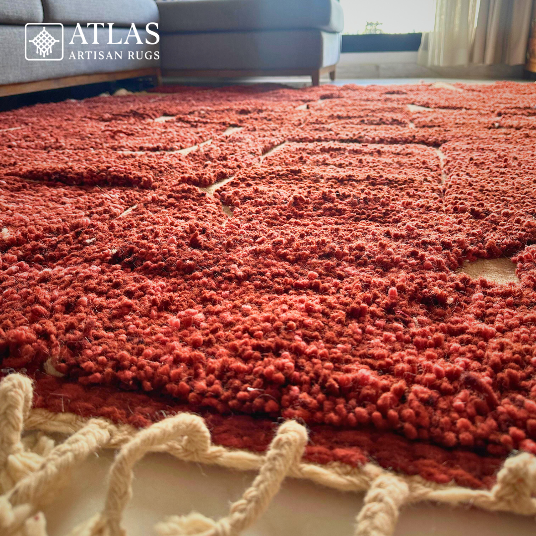 Beni Ourain Handwoven Moroccan Wool Rug – Red Geometric Design | Atlas Artisan Rugs