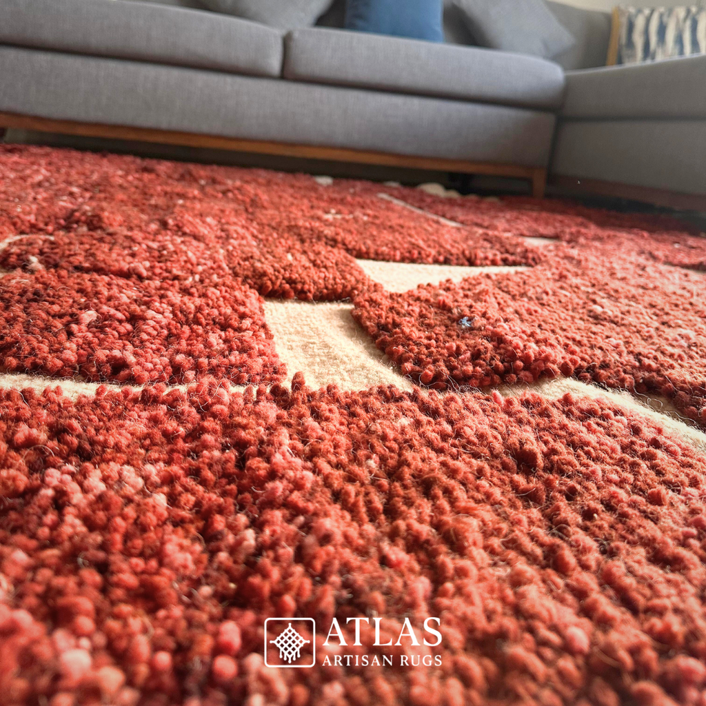Beni Ourain Handwoven Moroccan Wool Rug – Red Geometric Design | Atlas Artisan Rugs